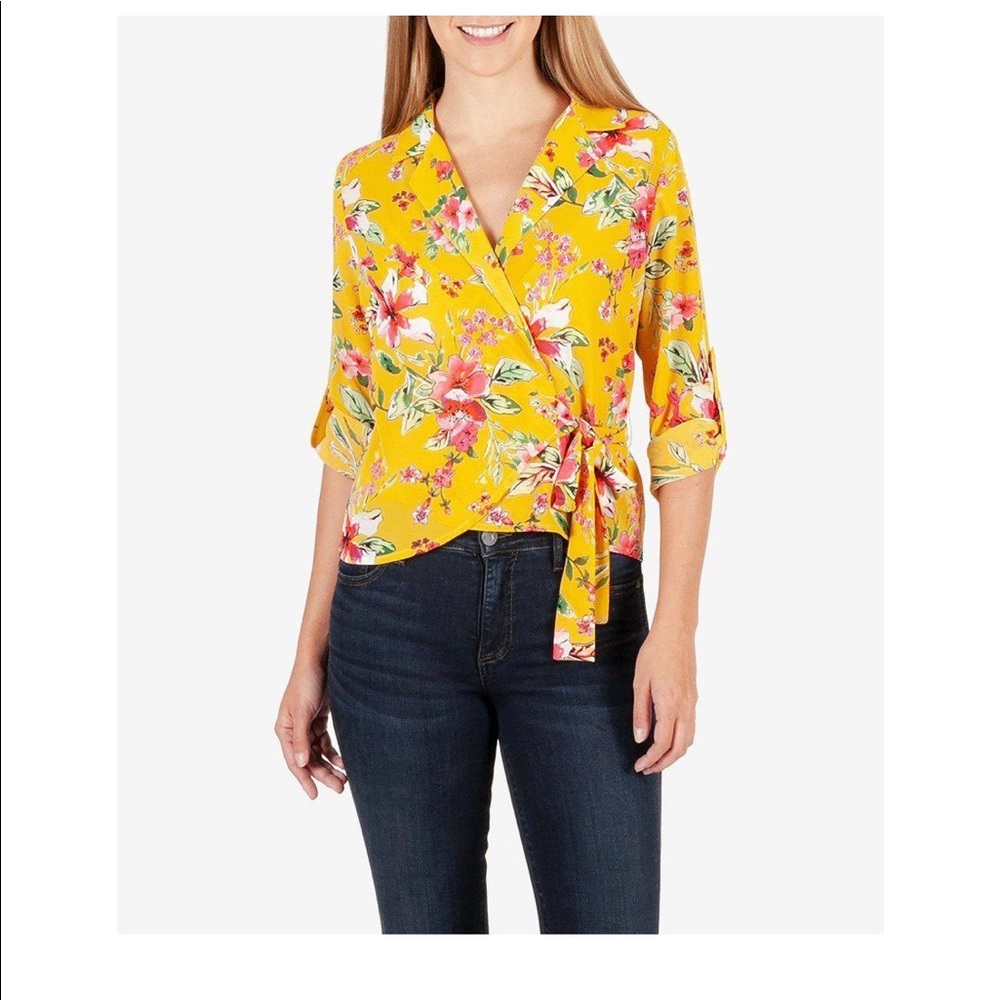 KUT from the Kloth Yellow floral shear blouse